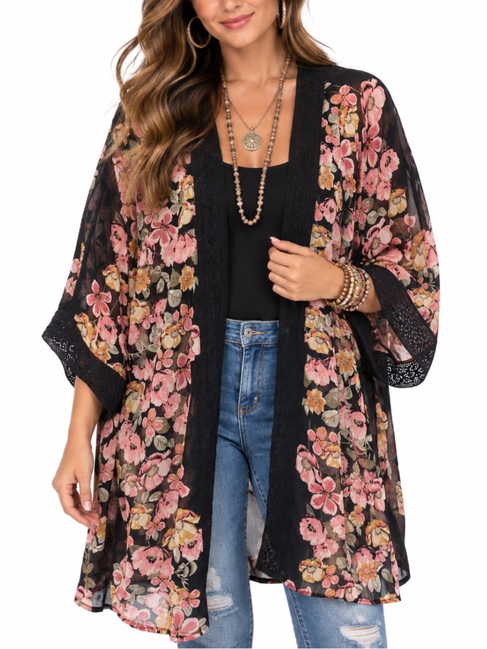 Maurices Black Sheer Floral Kimono Shawl, size 1x